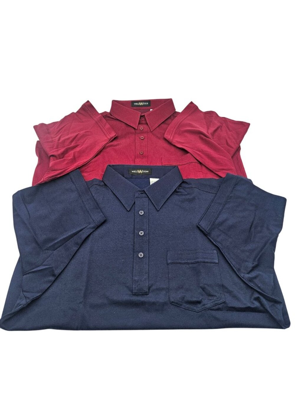 2 Wellington Mens Cotton Polo SS Chest Pocket Shirts Burgundy & Blue Size L NWOT